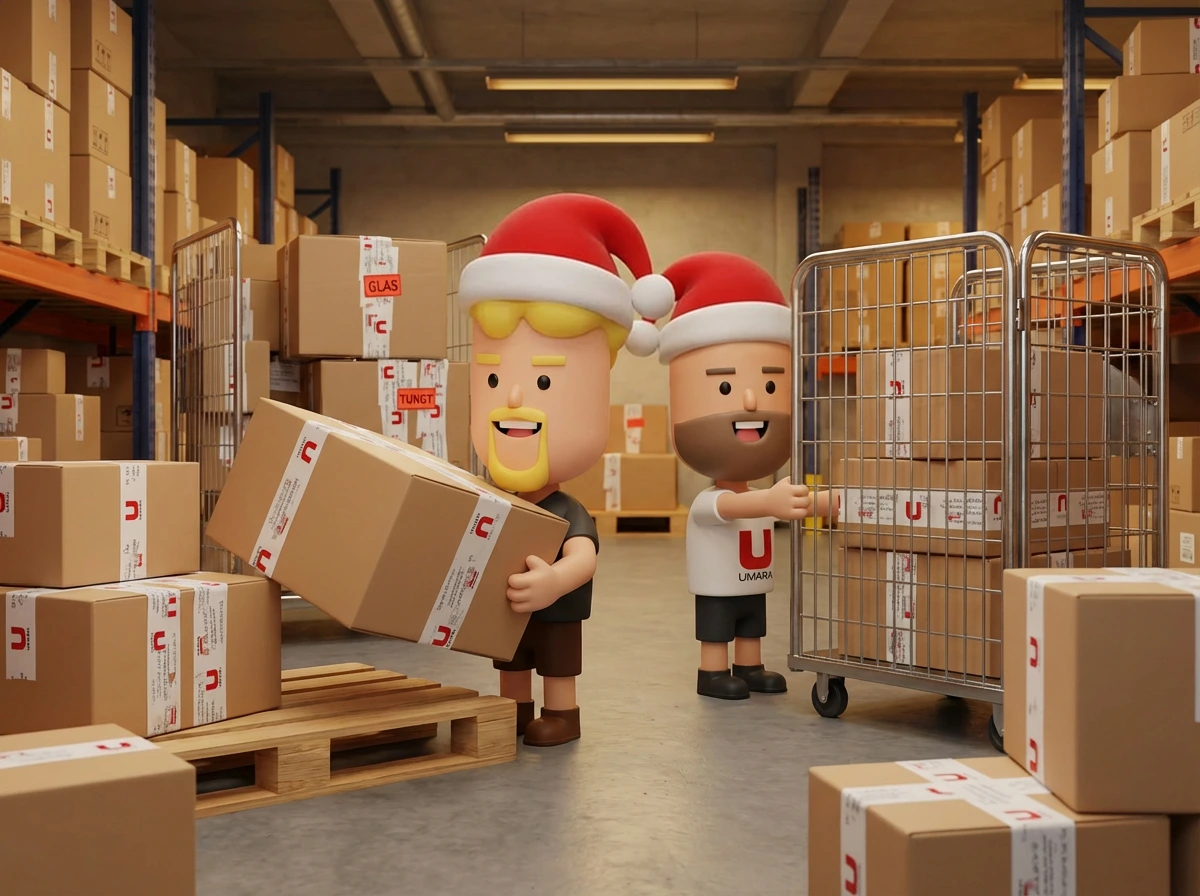 Two animated characters wearing Santa hats are managing packages inside a warehouse filled with boxes and shelves.